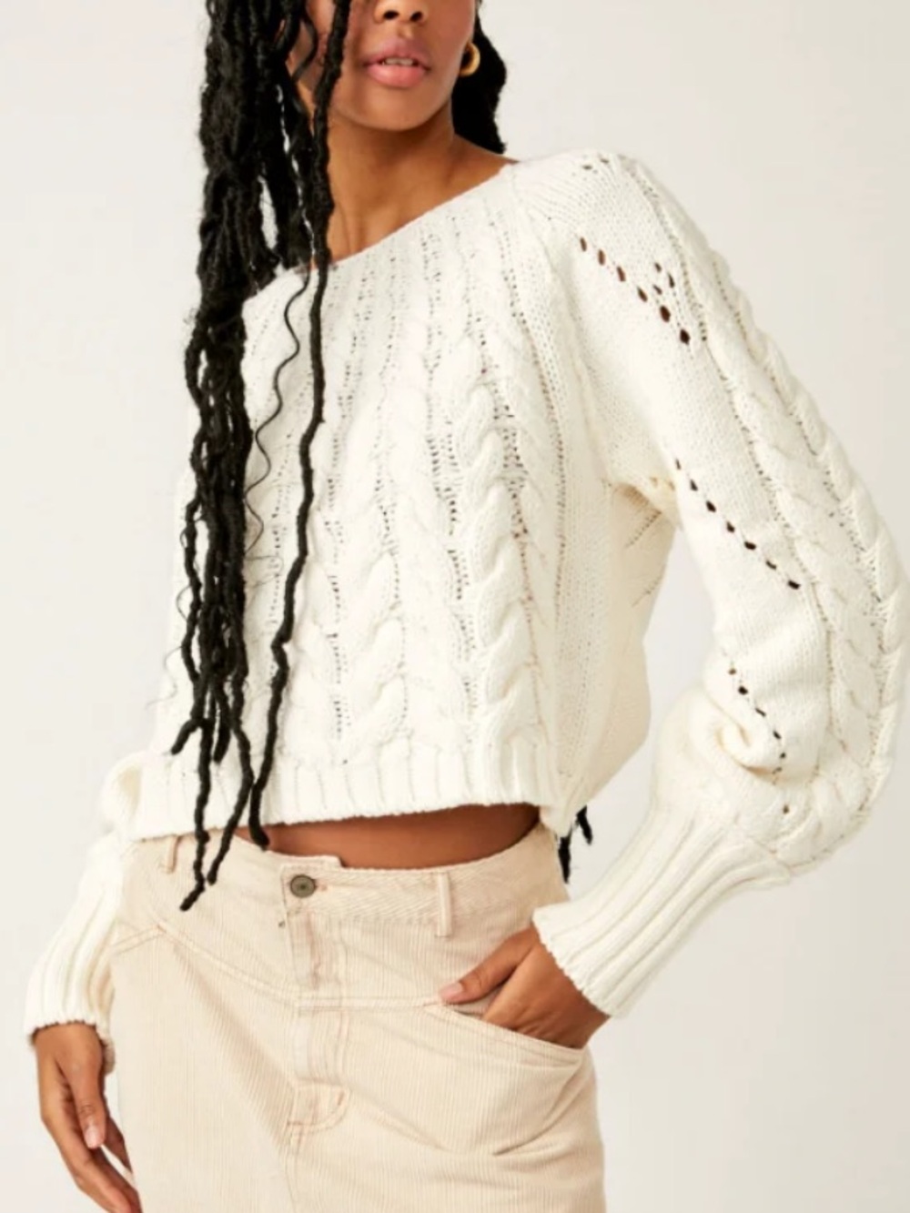 Free People Sandre Pullover Slouchy Cropped Swetaer White Chunky Cable Knit-M